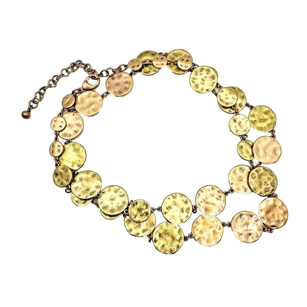 CHICO'S AGED GOLD & COPPER METAL DISC 36" NECKLACE, SIGNED